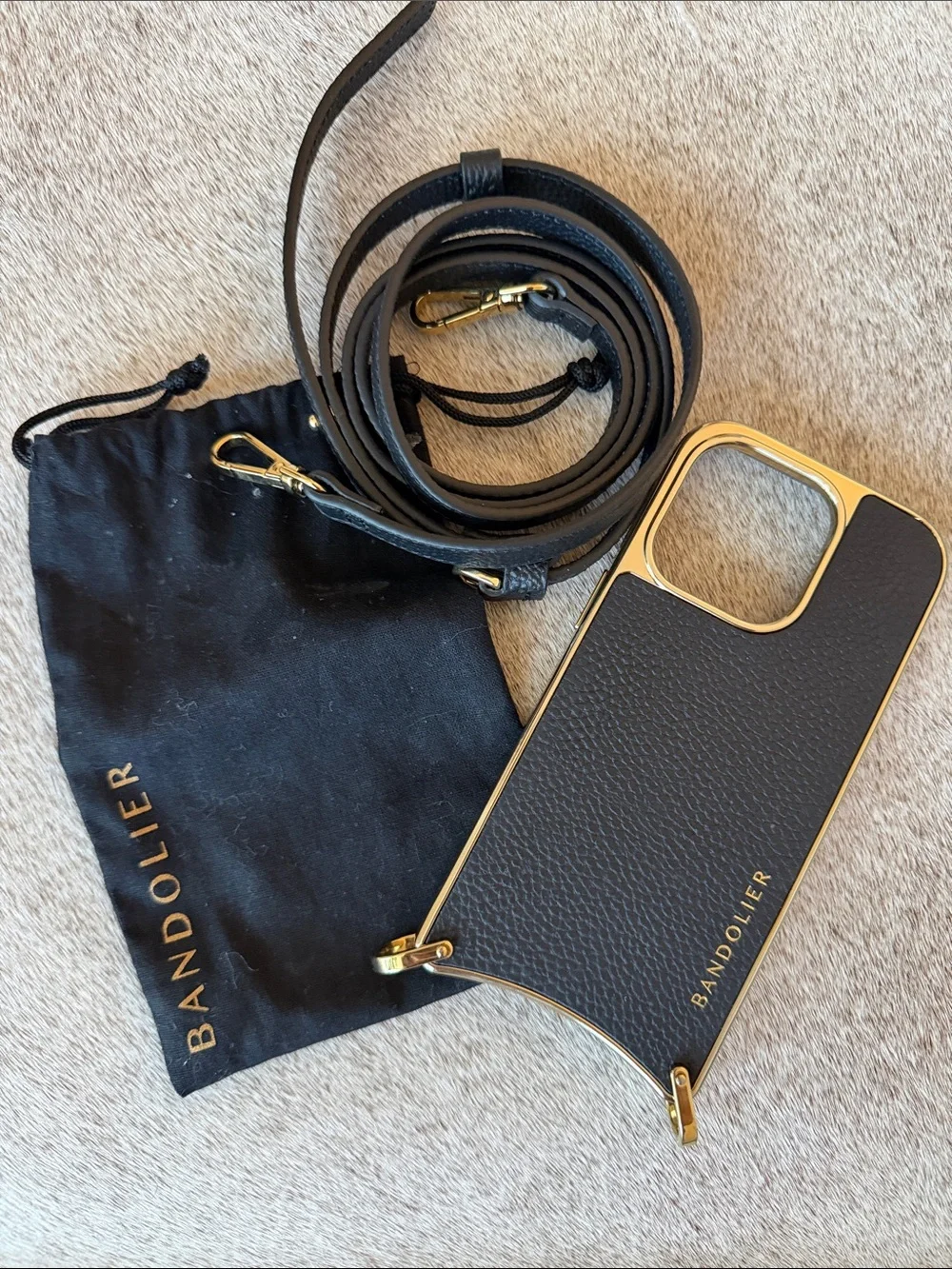 Bandolier Black Leather Phone Case with Gold Trim & Strap